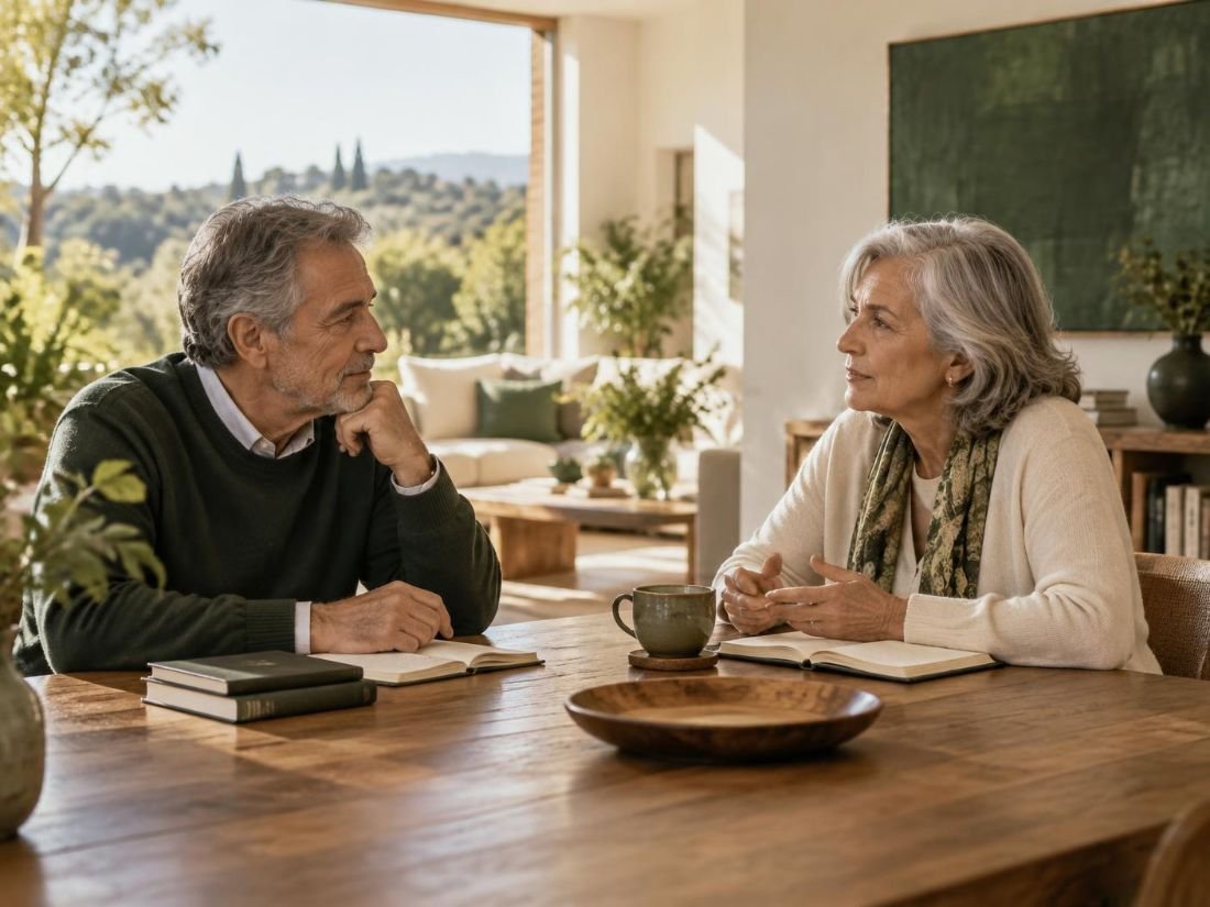 Dos personas maduras conversando y escuchándose con atención