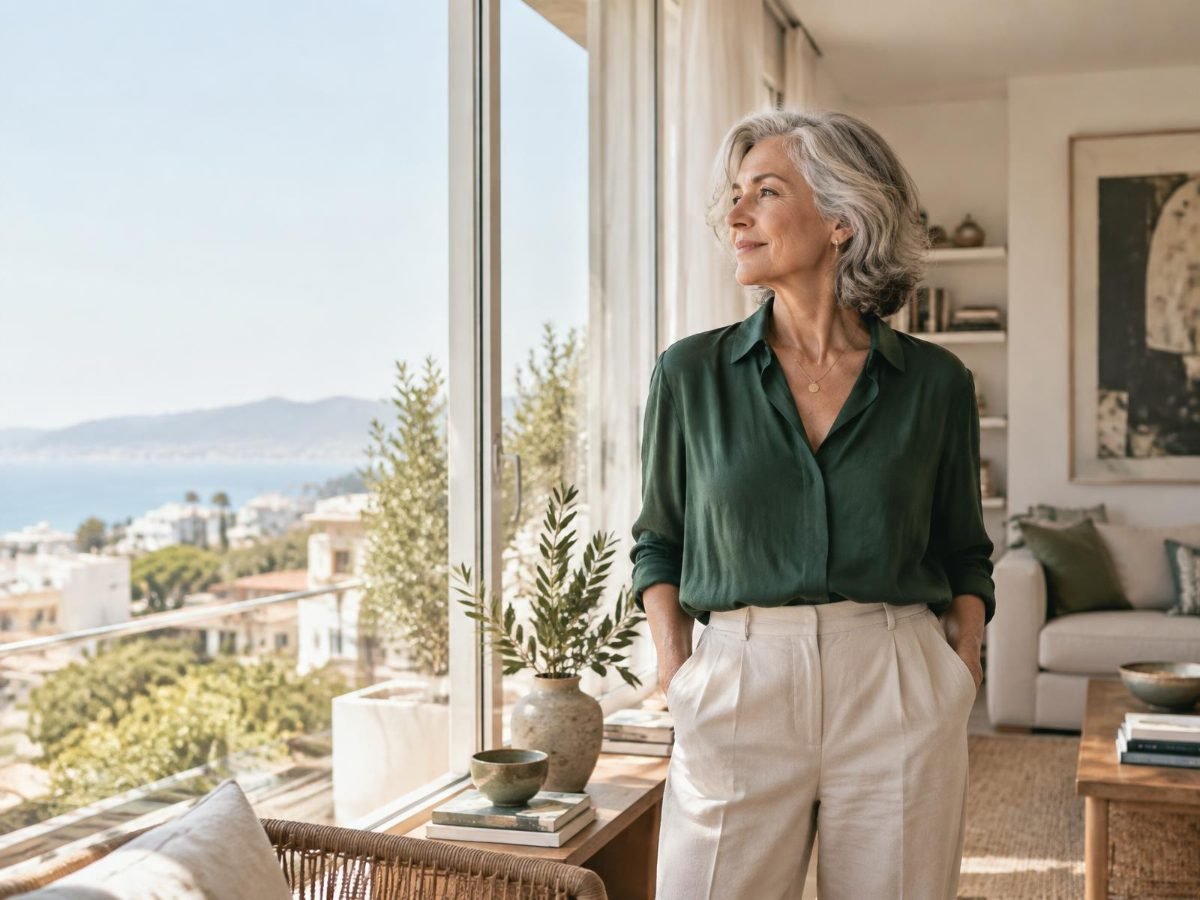 Mujer madura contemplando con serenidad el paisaje desde su hogar