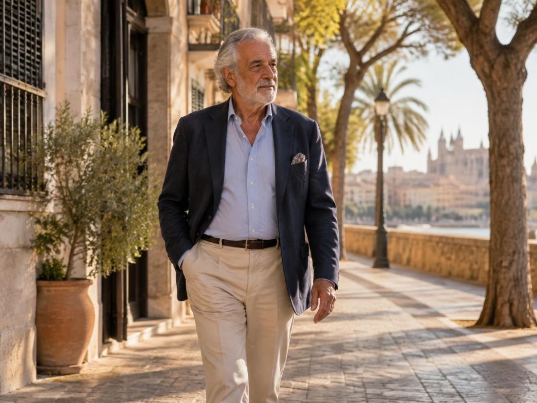 Hombre maduro caminando con autonomía por una ciudad mediterránea